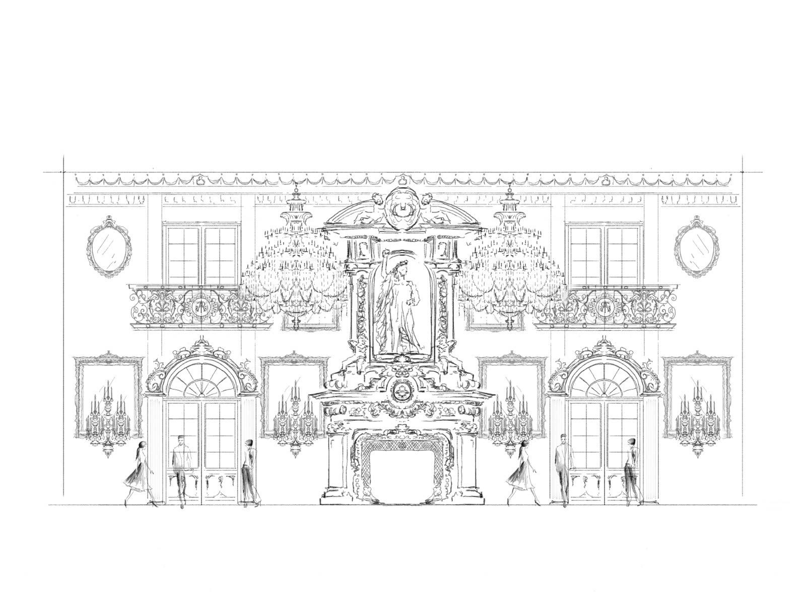 A hand sketch of an ornate palace facade dressed for a wedding, the starting point for an AI visualization