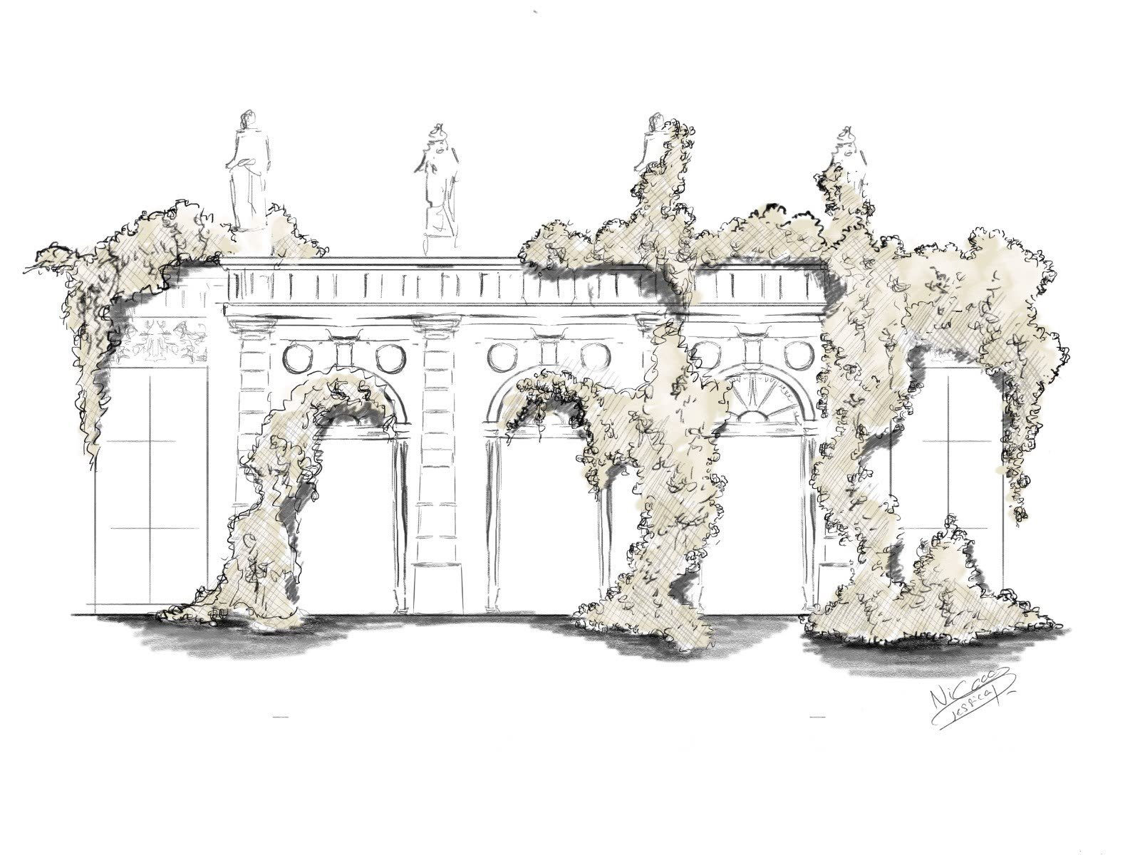 A line drawing of a floral wedding archway, ready to be turned into a photoreal image with AI