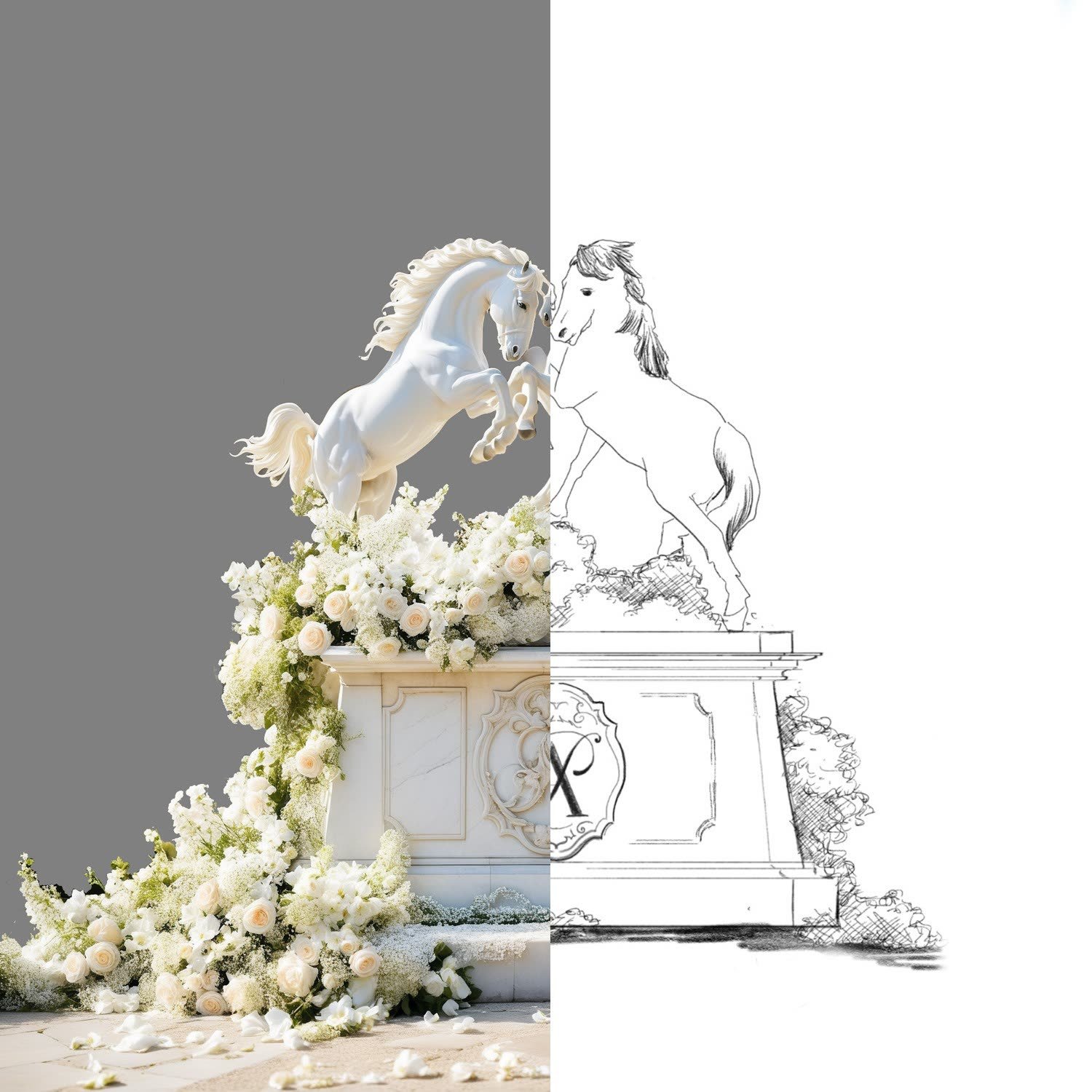 Sketch to reality: a drawn statue and pedestal beside its AI-rendered floral version