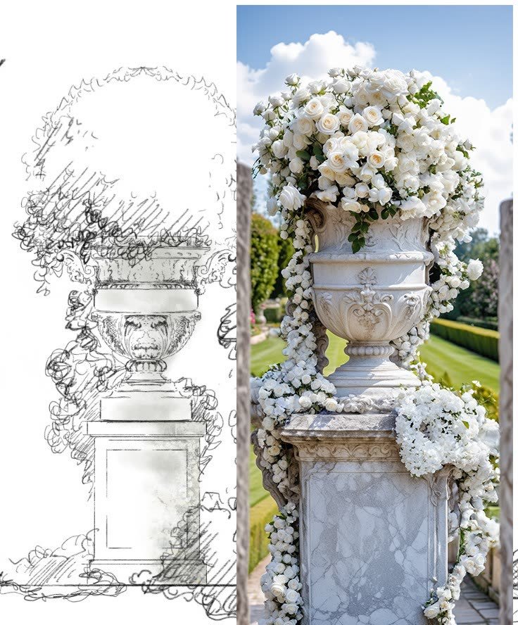 Sketch to reality: a drawn urn beside its AI-rendered white-flower arrangement