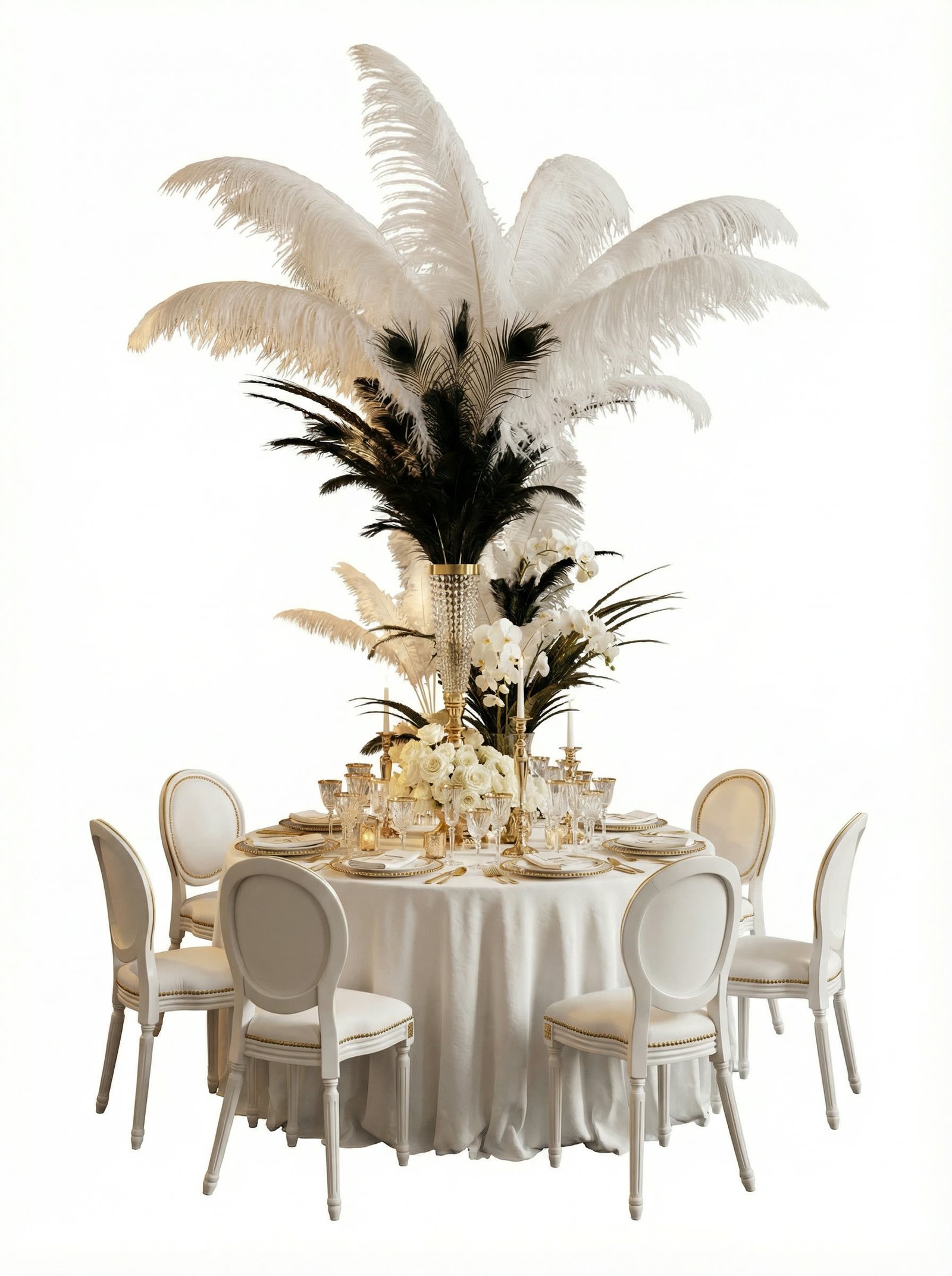A pencil concept transformed by AI into a photoreal ostrich-feather table centerpiece