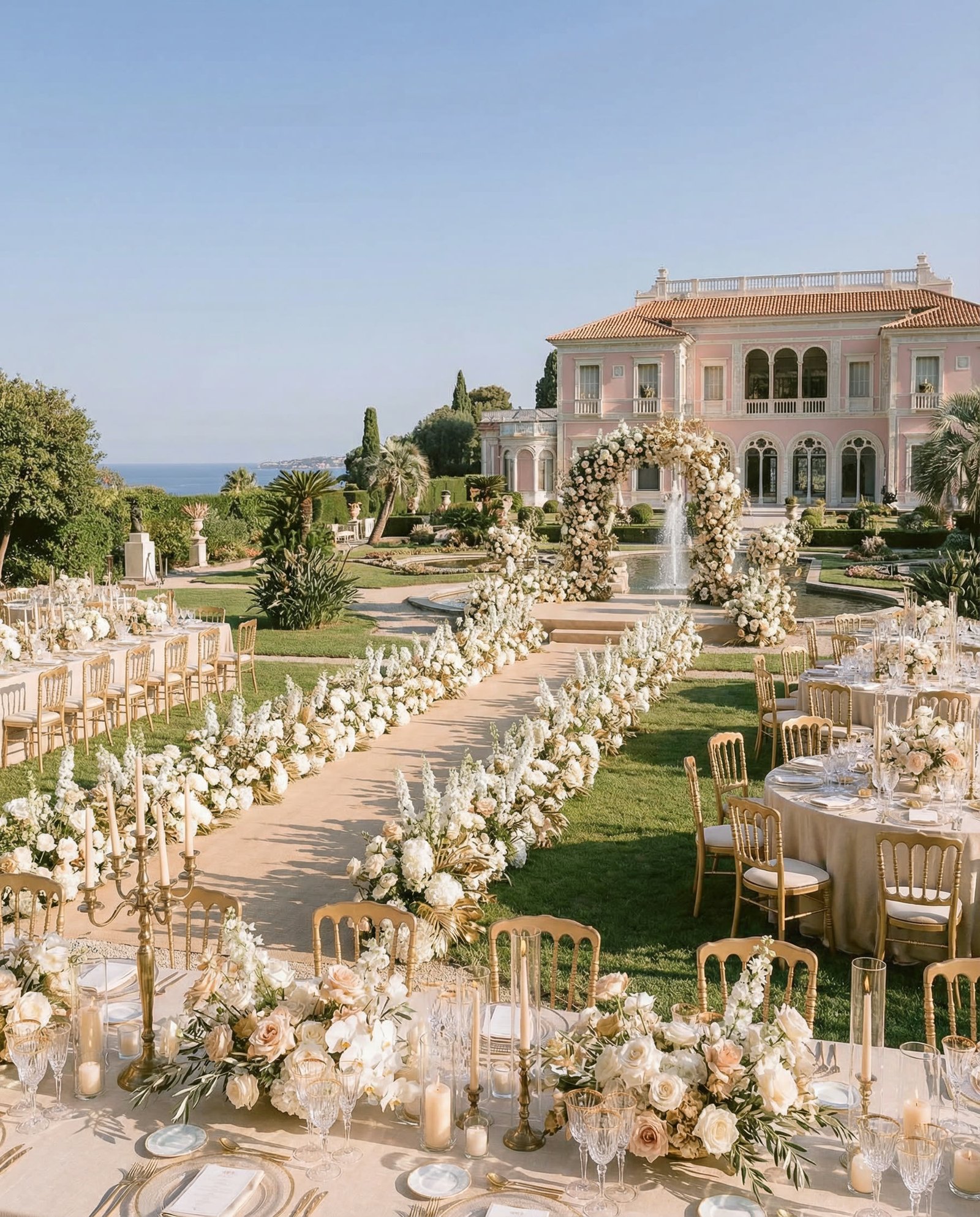 AI-rendered wedding decor concept set in the gardens of Villa Ephrussi de Rothschild