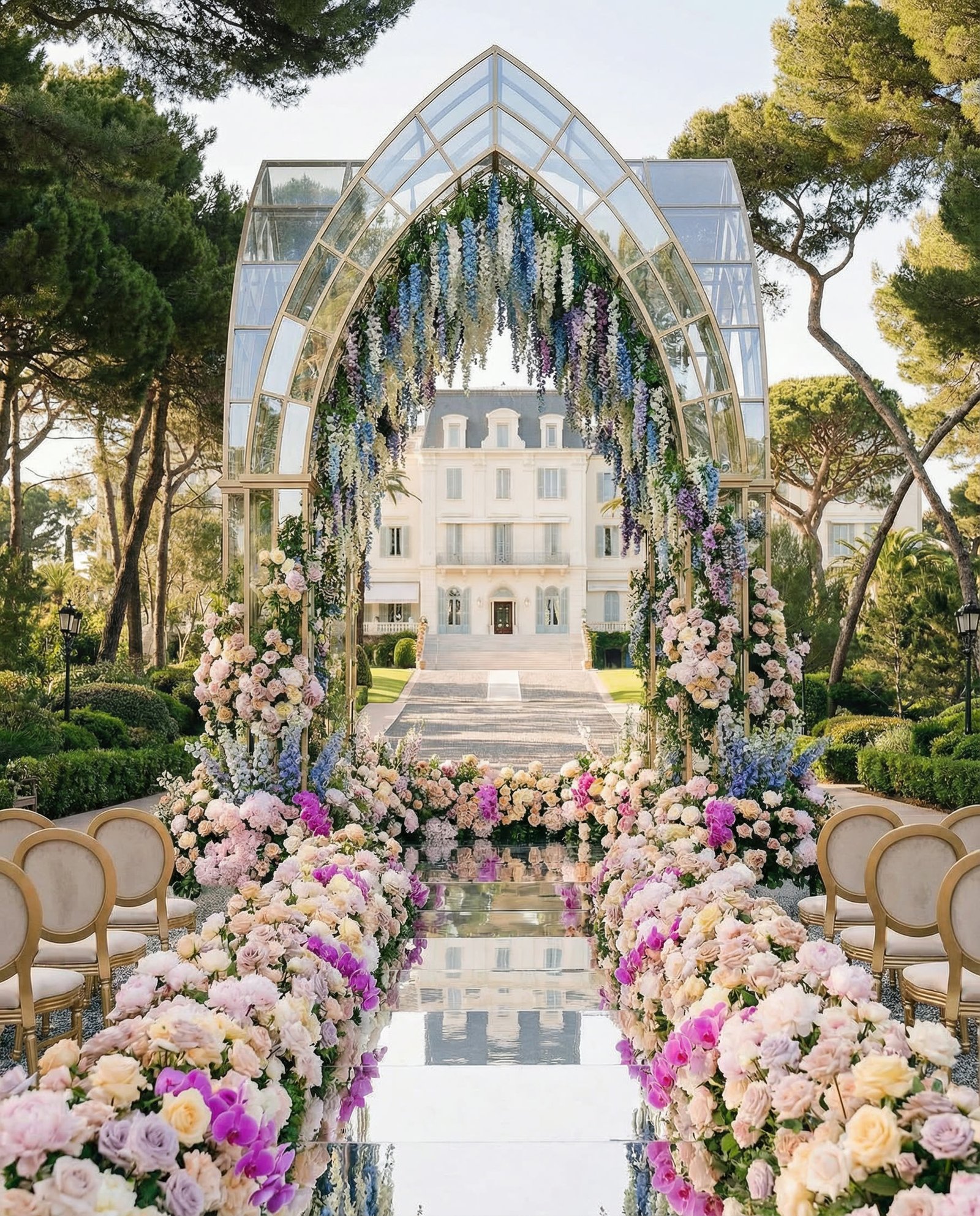 AI-rendered wedding decor concept at the Hotel du Cap-Eden-Roc, palms and pool at golden hour