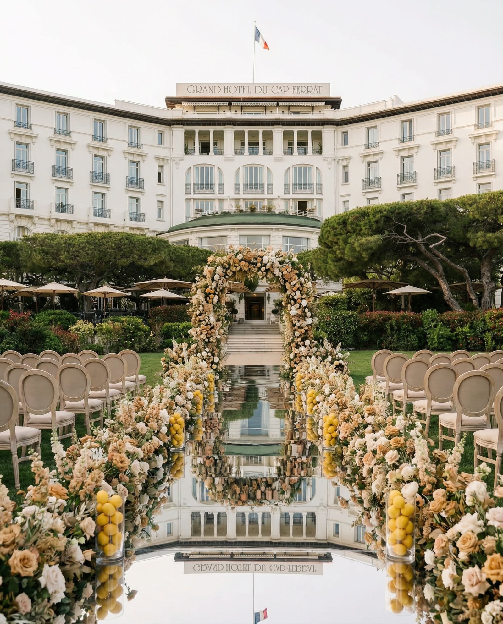 AI-rendered floral aisle in the courtyard of the Grand-Hotel du Cap-Ferrat