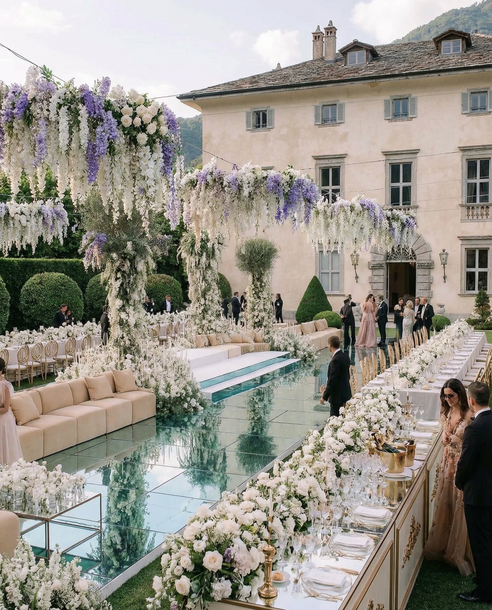 AI-rendered reception concept on the terrace of Villa Balbiano, Lake Como, framed by wisteria