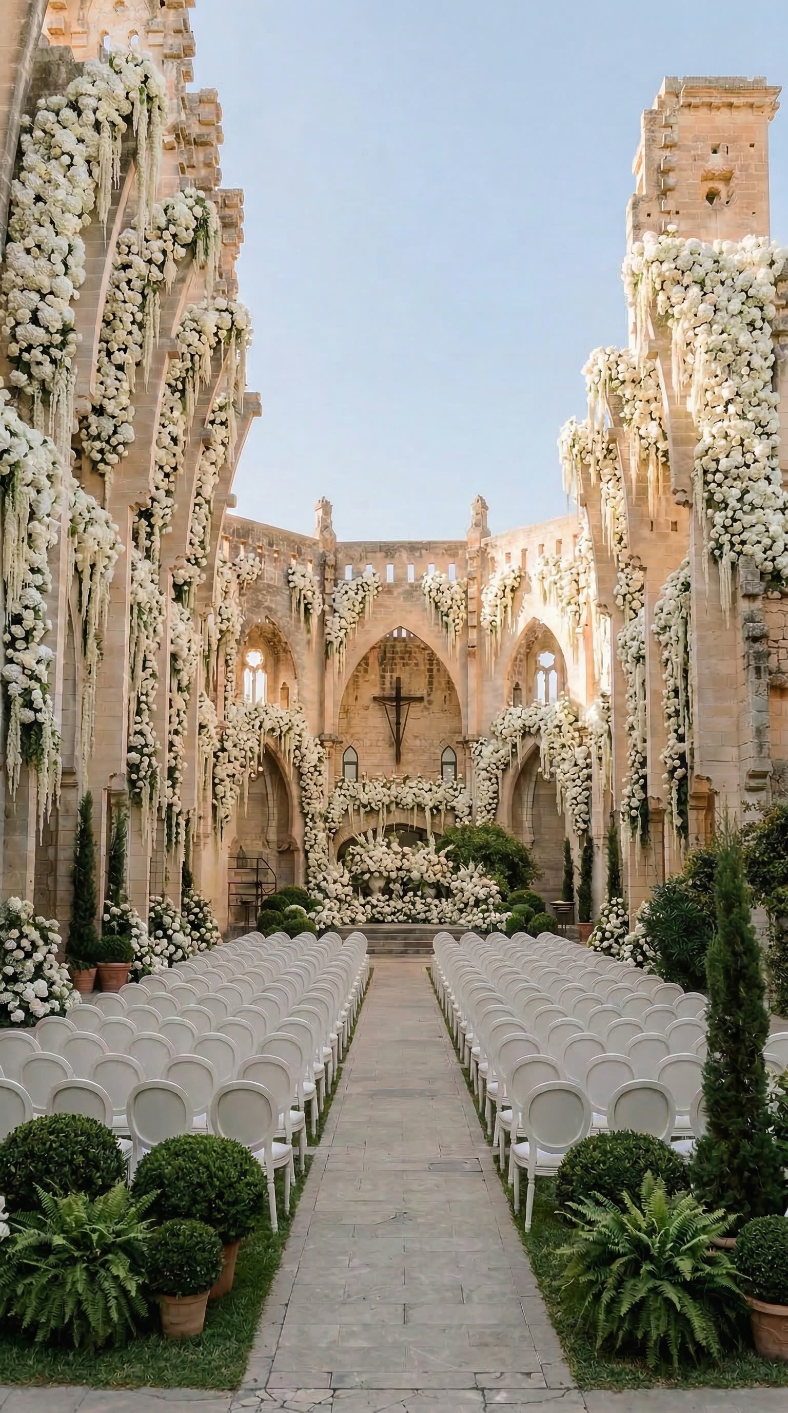 AI-rendered open-sky church ceremony draped in wisteria and white flowers