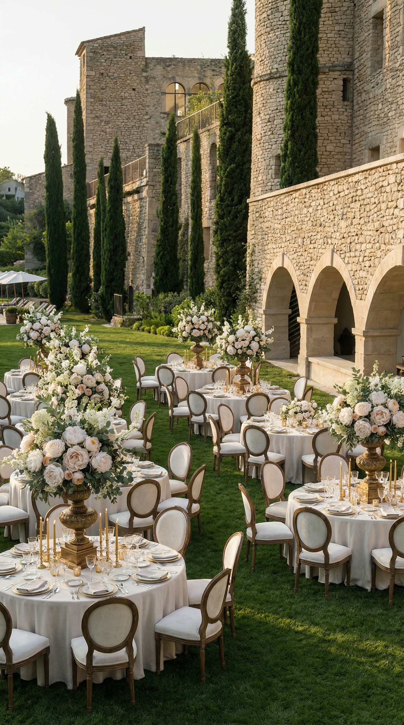An AI mood board of a dozen round wedding tables laid out across a garden reception