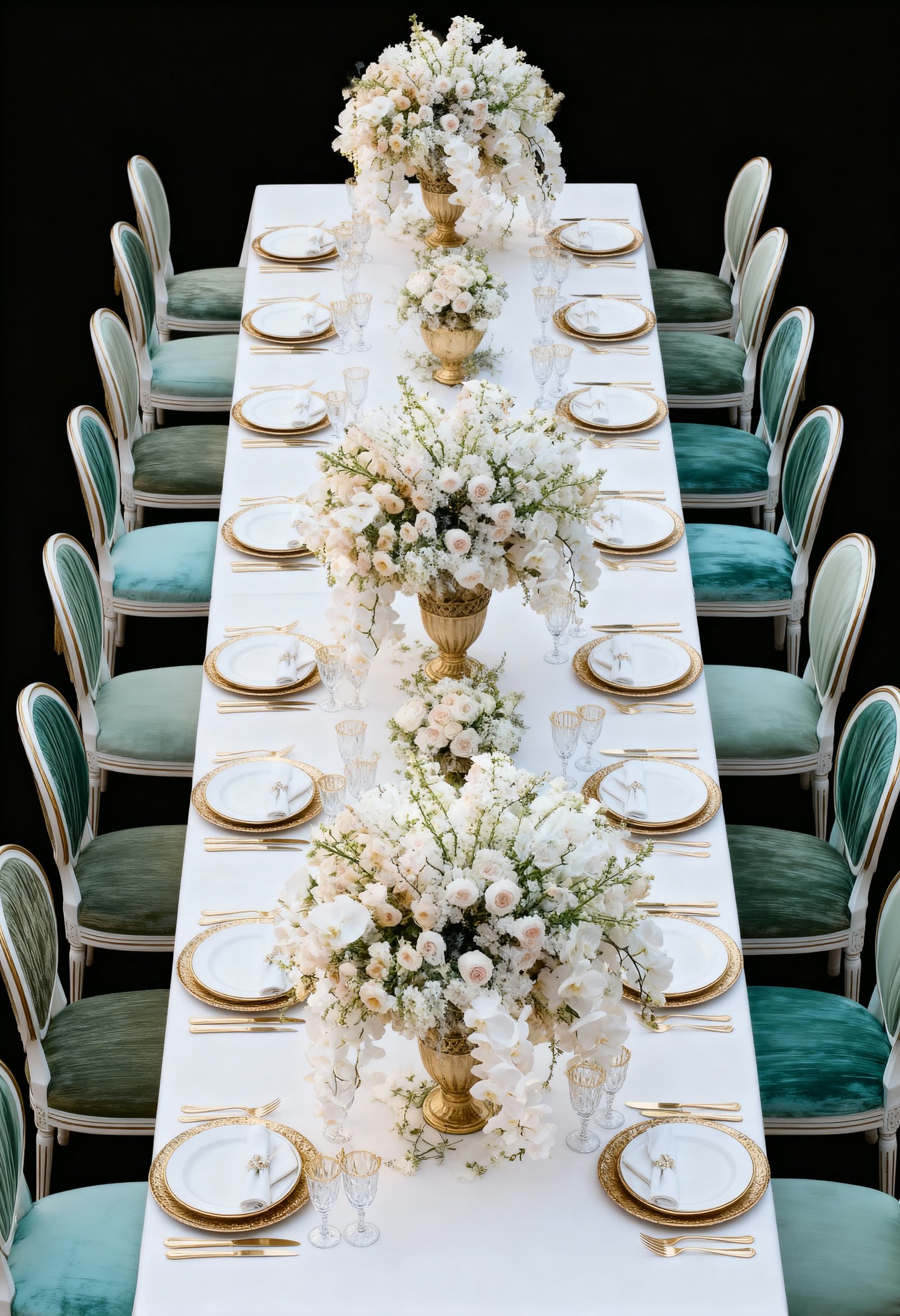 An AI variation showing a long rectangular banquet table with green velvet chairs and white florals