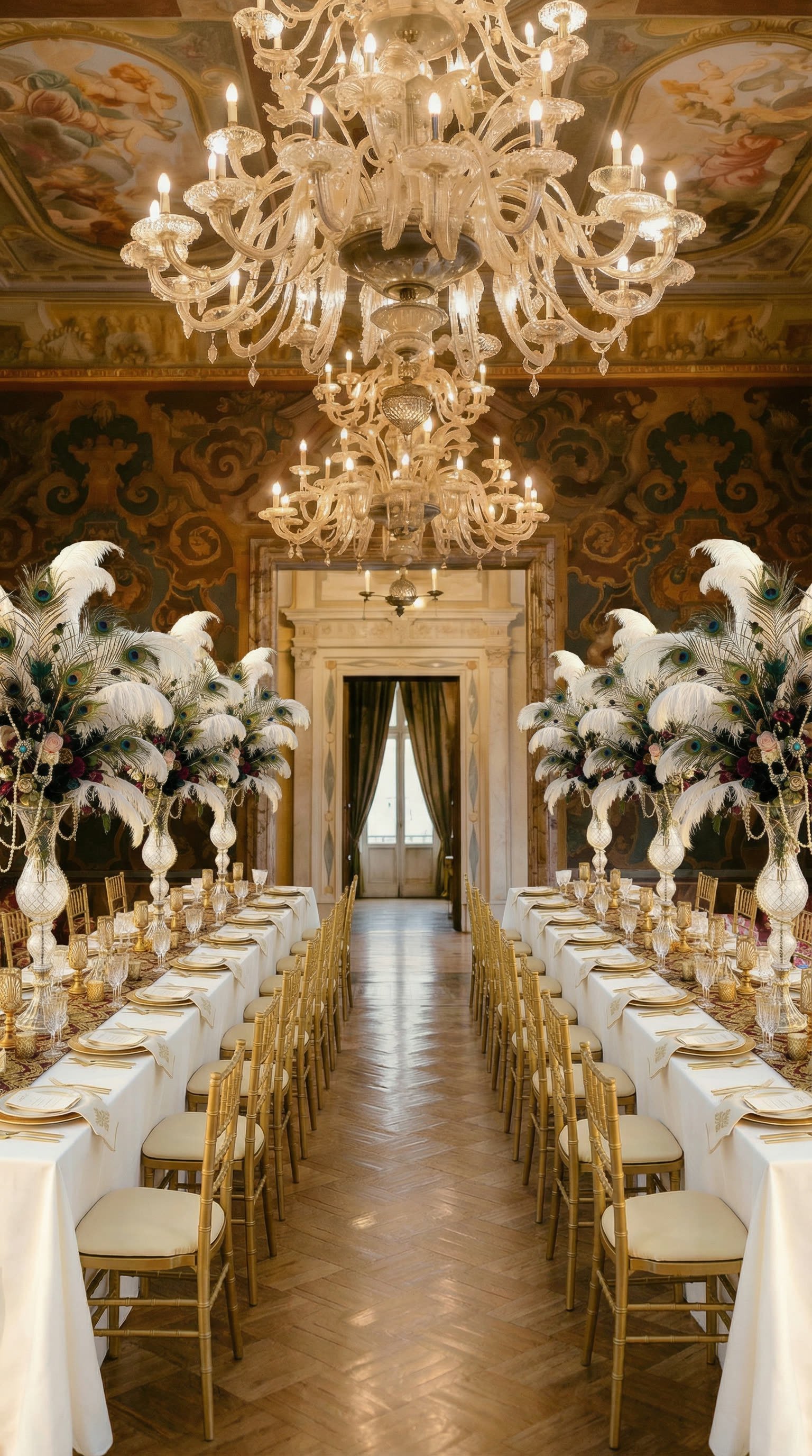 AI-rendered dinner setup with towering white ostrich-feather centerpieces in an opulent interior