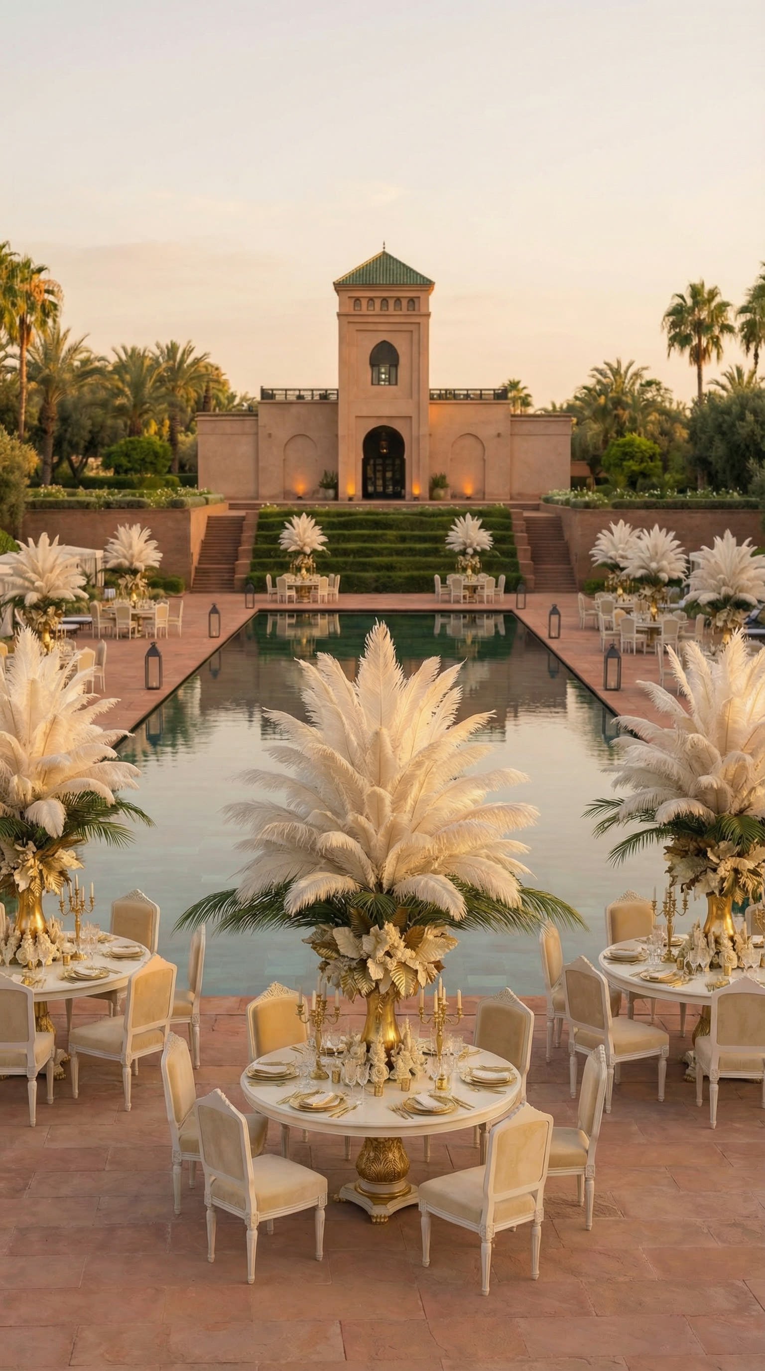 AI-rendered tablescape dressed with ostrich feathers and pampas in an arched venue