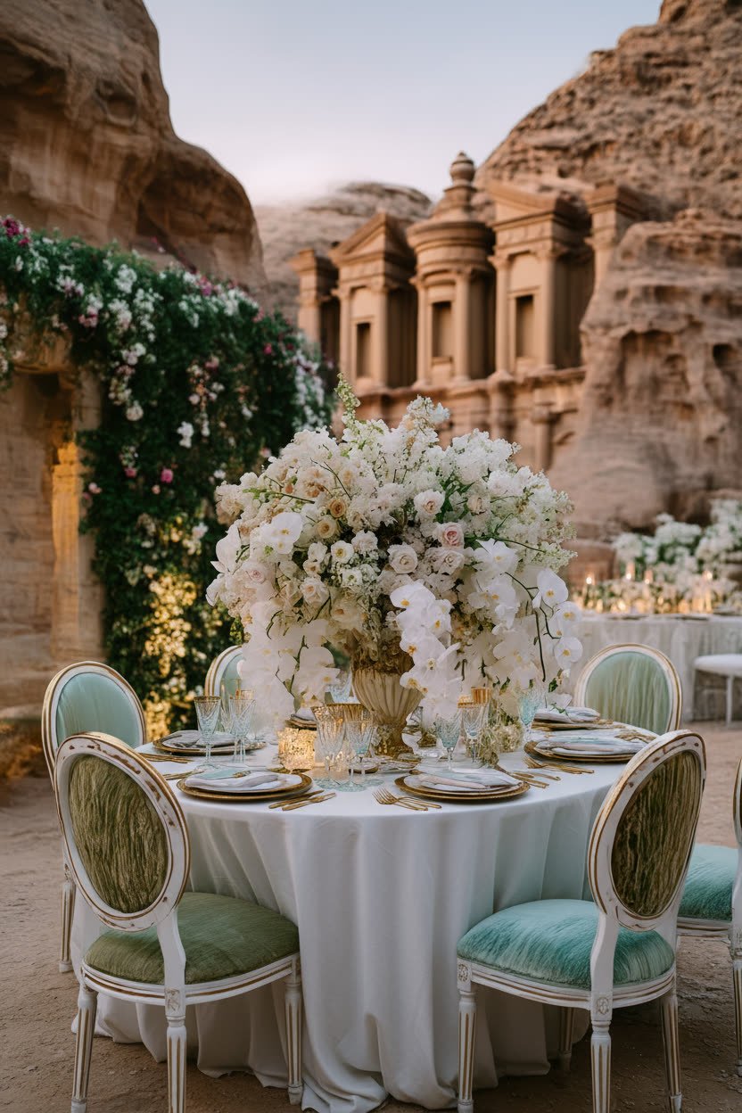 An AI variation replacing the reception tables with new white floral centerpieces