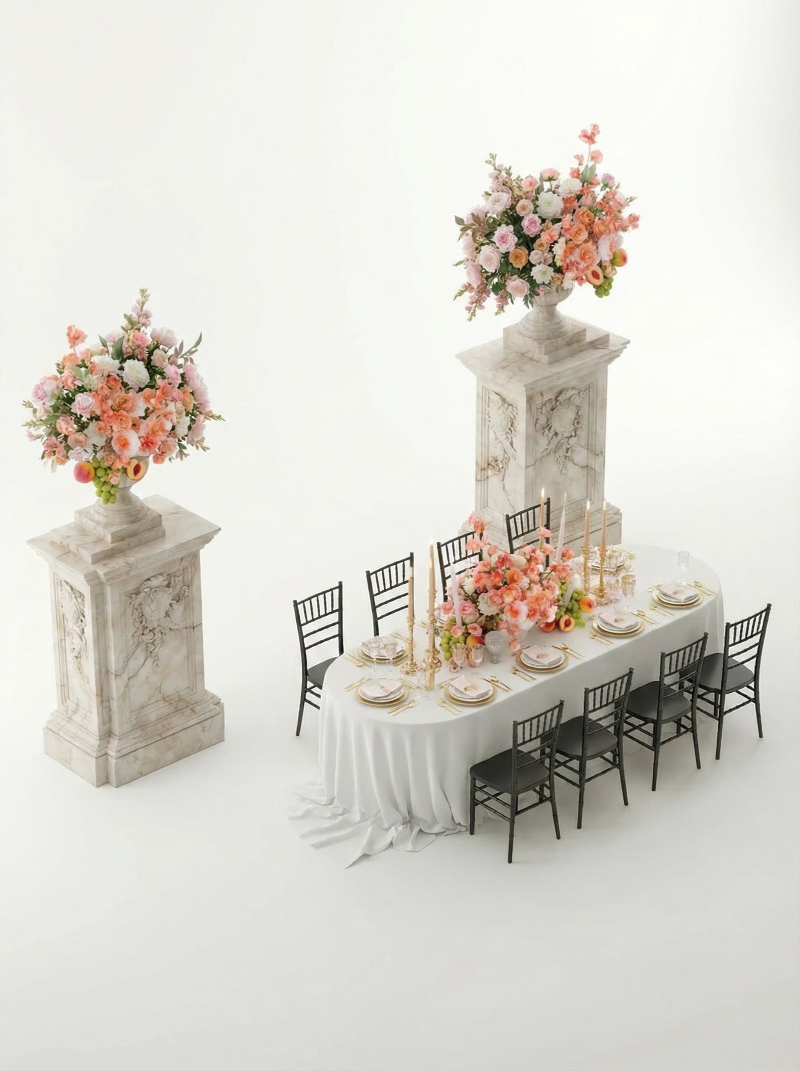 An isometric AI view of a wedding table and floral pedestal setup for planning layouts