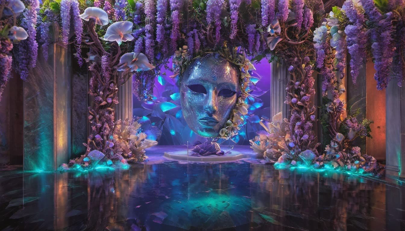 A dramatic AI concept: a neon-lit floral stage with a projected face for a modern reception