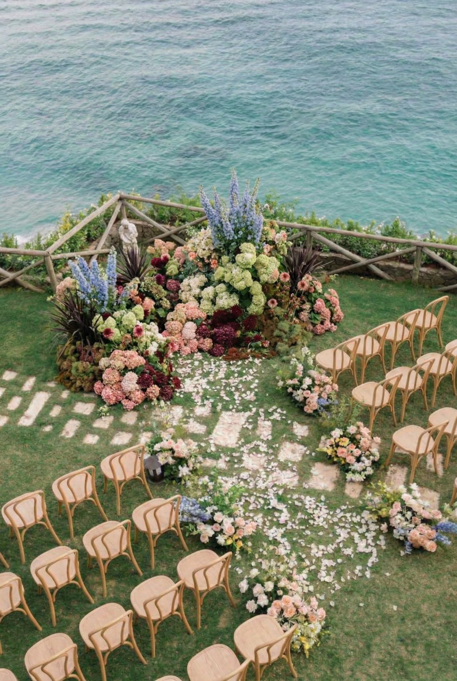 An AI concept of a garden ceremony framed by lavender and purple floral installations