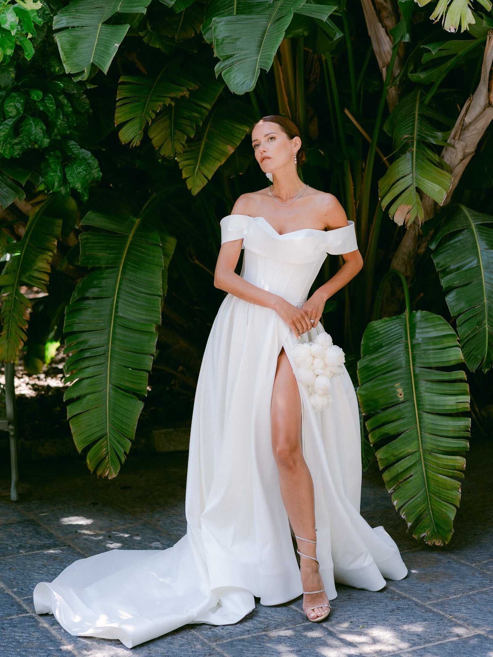 Bridal portrait among the banana leaves at Villa Zagara