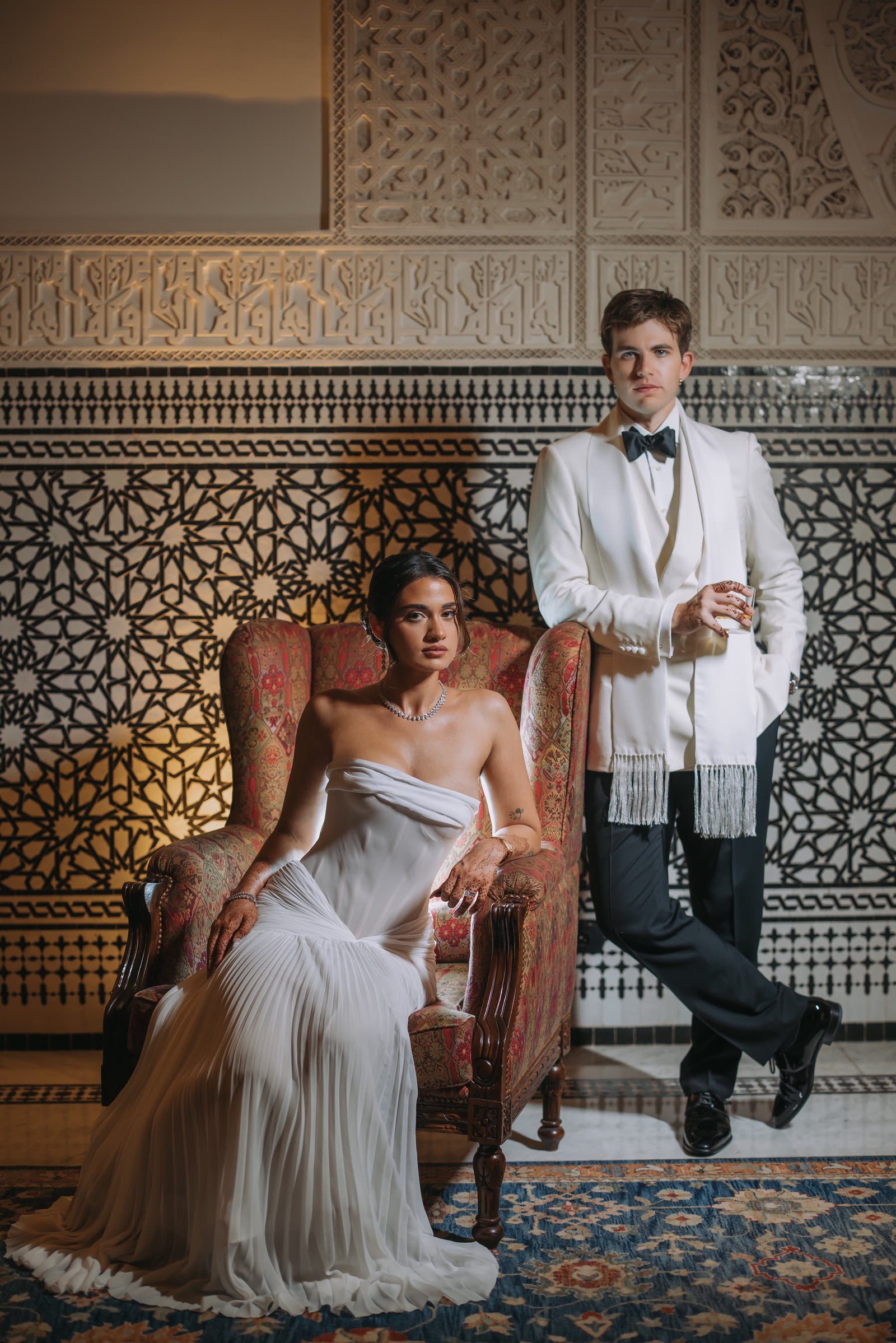 Henna and Ben in a Moroccan zellige salon at The Oberoi, Marrakech