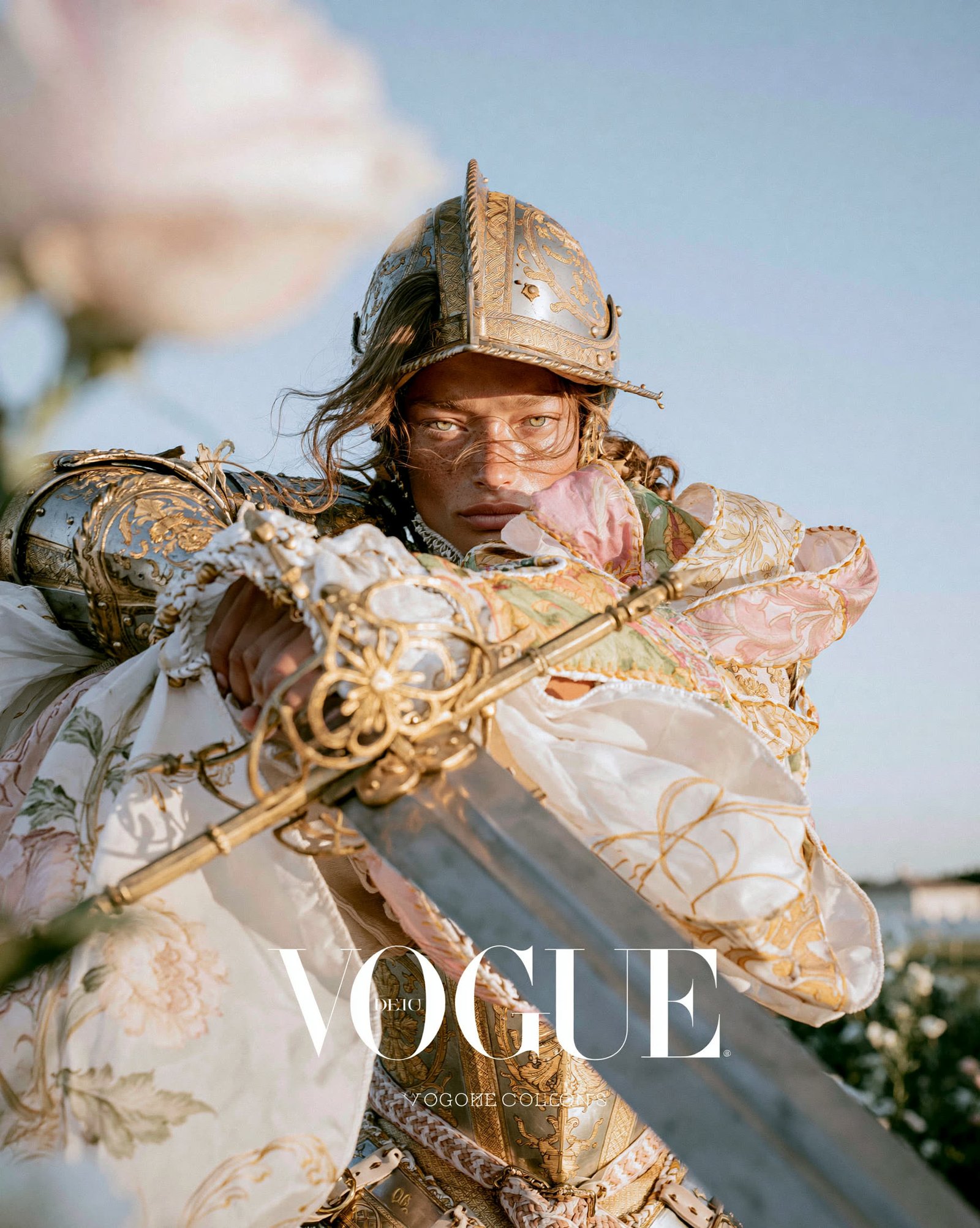 Vogue-style cover portrait of a bride crowned with a golden Olympic headpiece