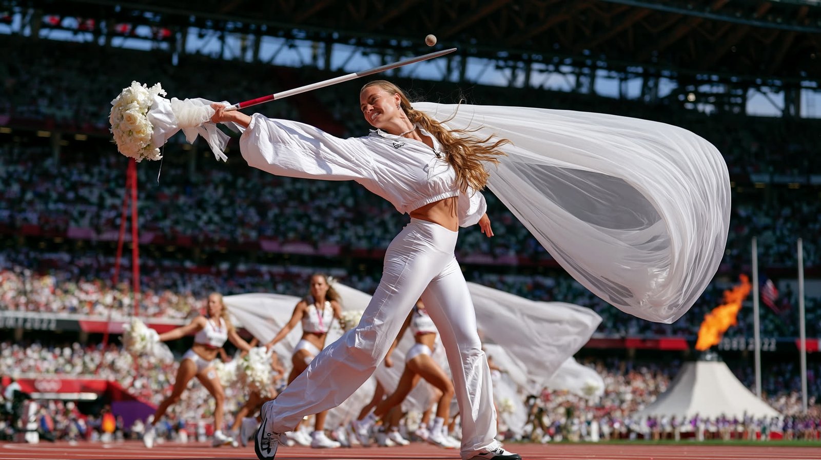 Bride pole-vaulting with a billowing veil under the floodlights of an Olympic stadium