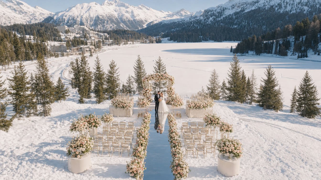 AI-generated illustration of a winter wedding ceremony on a frozen lake in St Moritz, with floral aisle and snowy peaks