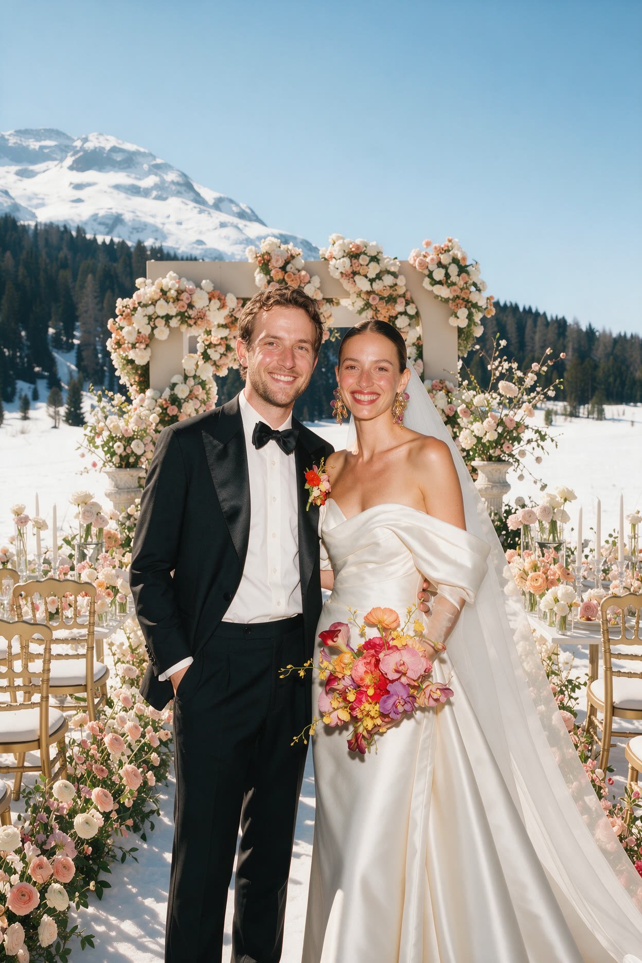 AI-generated illustration of a bride and groom under a floral arch at a snowy St Moritz wedding